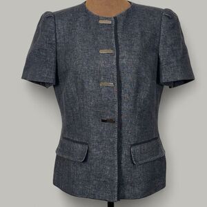 Women Tweed Linen Blend Blazer Size 8 Gray Cropped Office Career Teacher